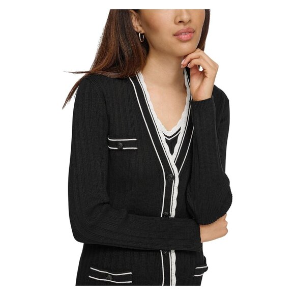 NWT Karl Lagerfeld Lace-Trim Cardigan Button Up Sweater Black Soft White XS - Picture 4 of 9